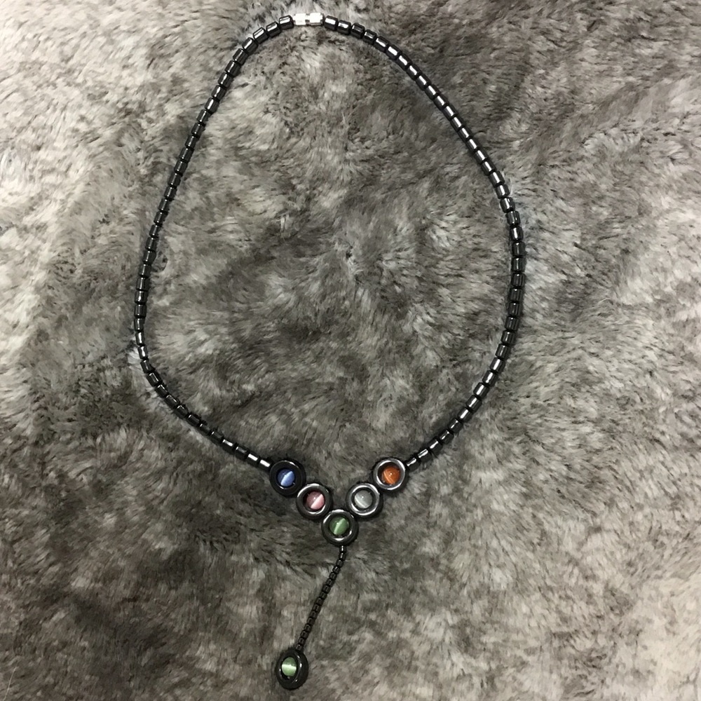Vintage HEMATITE beaded multi-Color CAT’S eye Y drop HEALING neacklace